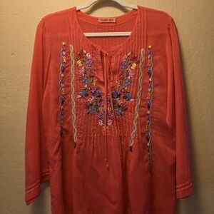 Johnny Was Coral Embroidered Blouse EUC!!